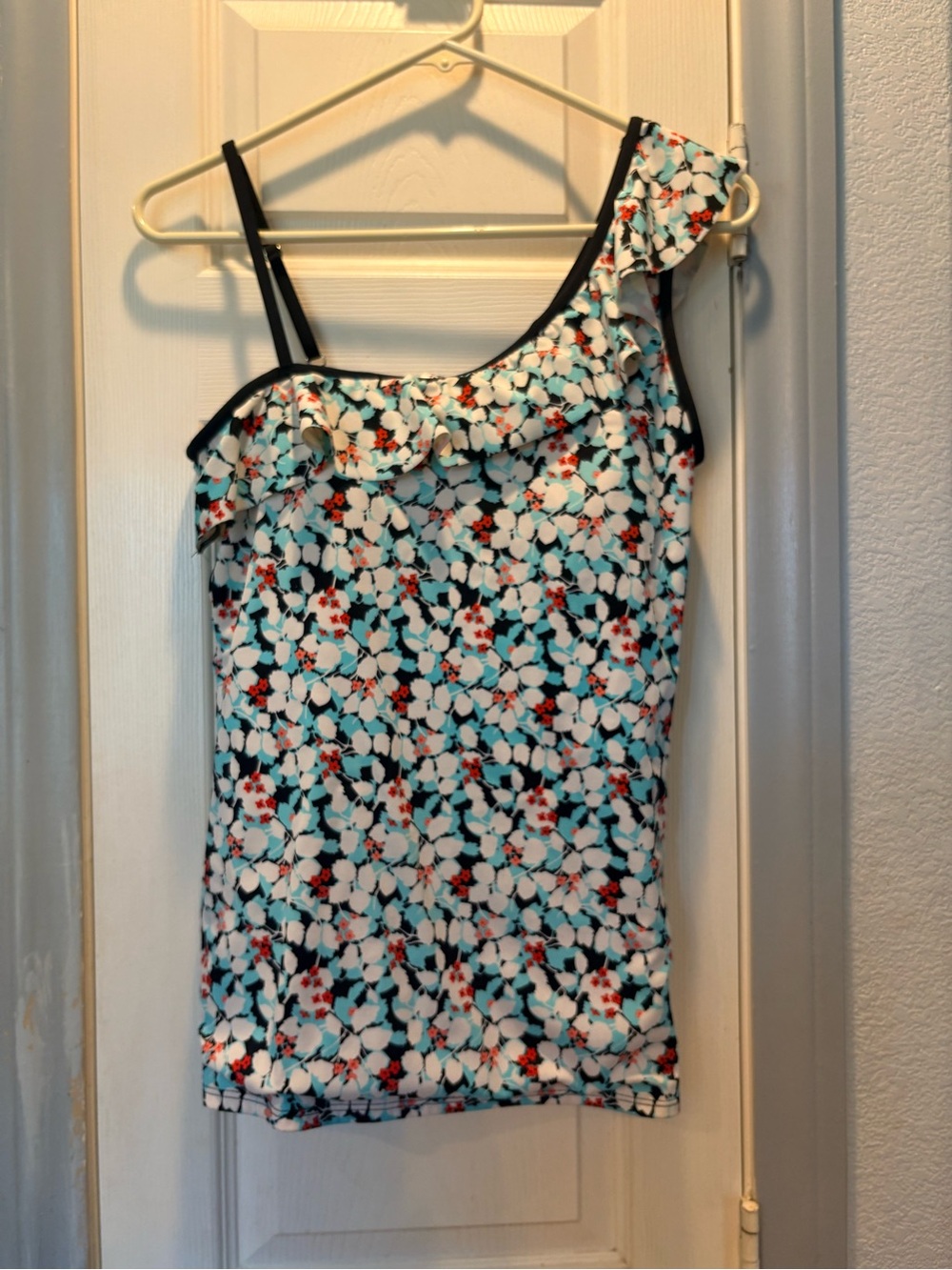 Lime Ricki One-Shoulder Ruffle Camisole in White, Teal & Black with Red Accents